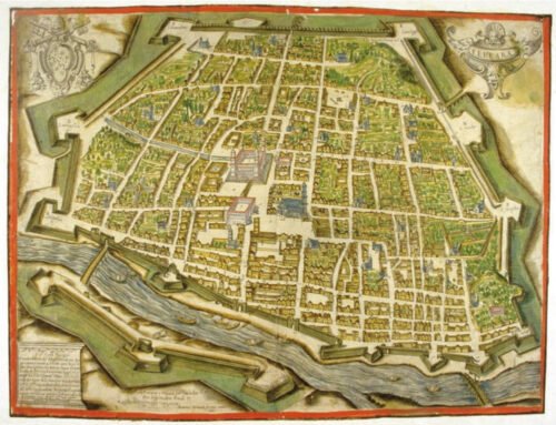 Gerolamo-Di-Novo-(disegnatore),-Giovanni-Orlandi-(incisore),-Ferrara,-Roma,-1602;-incisione-miniata,-mm-409-x-541.-Rivista-da-Giuseppe-Capocaccia Gerolamo Di Novo Giovanni Orlandi Ferrara incisione miniata, mm 409 x 541
