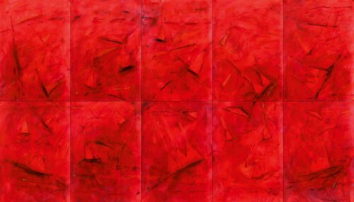 Gianfranco-Notargiacomo,-In-rosso-1,-2021-Acrilico-e-colore-fluo-su-carta,-cm-200-x-350-(polittico-di-10-elementi-liberi-di-cm-100-x-70-cad) notargiacomo asdrubali dittico catalogo galleria marchetti roma in rosso