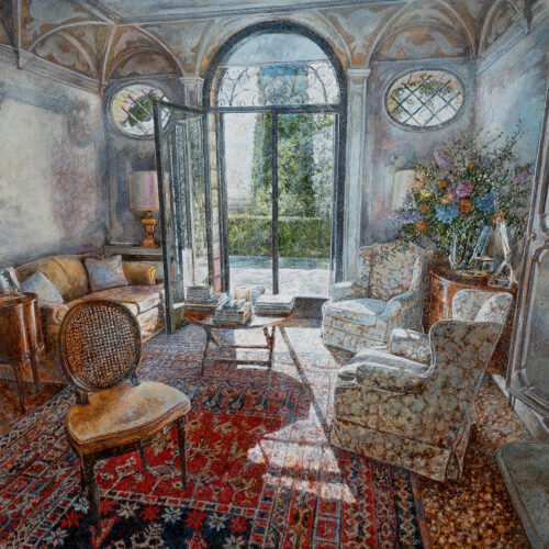 Le stanze del Galero (Villa il Galero Asolo), 2024 olio su tavola 120x120 cm raffaele minotto elementi sensoriali mostra stanze galero