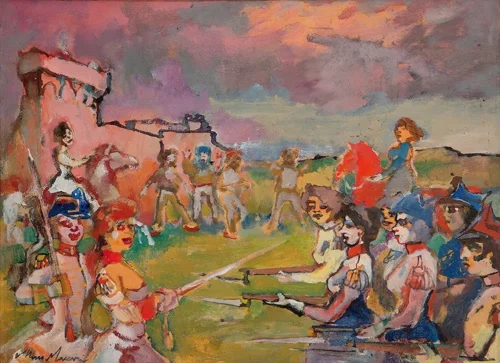 Maccari-Mino-Maccari-La-parata-1959-Olio-su-compensato-cm-53-x-70 mino maccari l'ironia visionaria galleria marchetti roma la parata