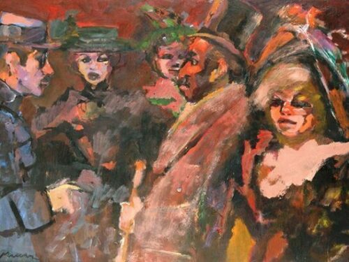 Mino-Maccari-Cinque-figure-anni-60-olio-su-tavola mino maccari l'ironia visionaria galleria marchetti roma cinque figure