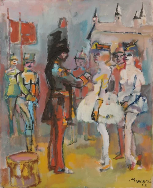 mino-maccari-militare-con-sei-figure mino maccari l'ironia visionaria galleria marchetti roma militare con sei figure