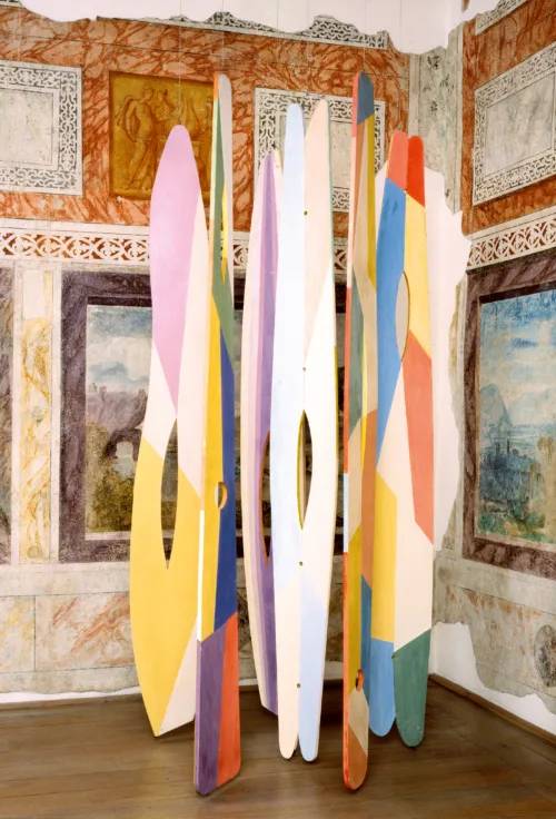 Giulio Turcato, gruppo di Oceaniche, 1973, tempera e tecnica mista su legno, h da cm 233 a cm 257 ca. giulio turcato un’arte oceanica viareggio pegoraro 1973