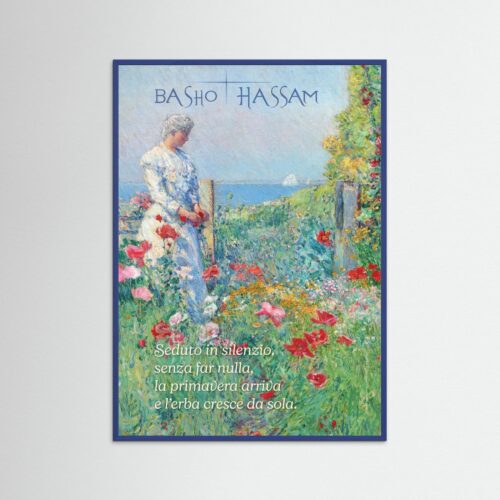 Poster fine art "Incroci" con dipinto di Childe Hassam e haiku di Bashō Matsuo su sfondo di giardino fiorito