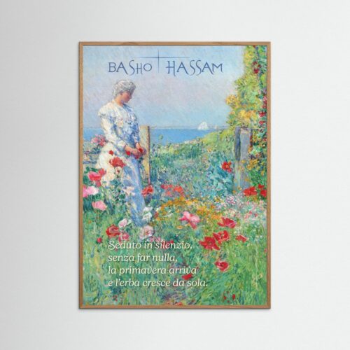 Poster fine art "Incroci" con dipinto di Childe Hassam e haiku di Bashō Matsuo su sfondo di giardino fiorito