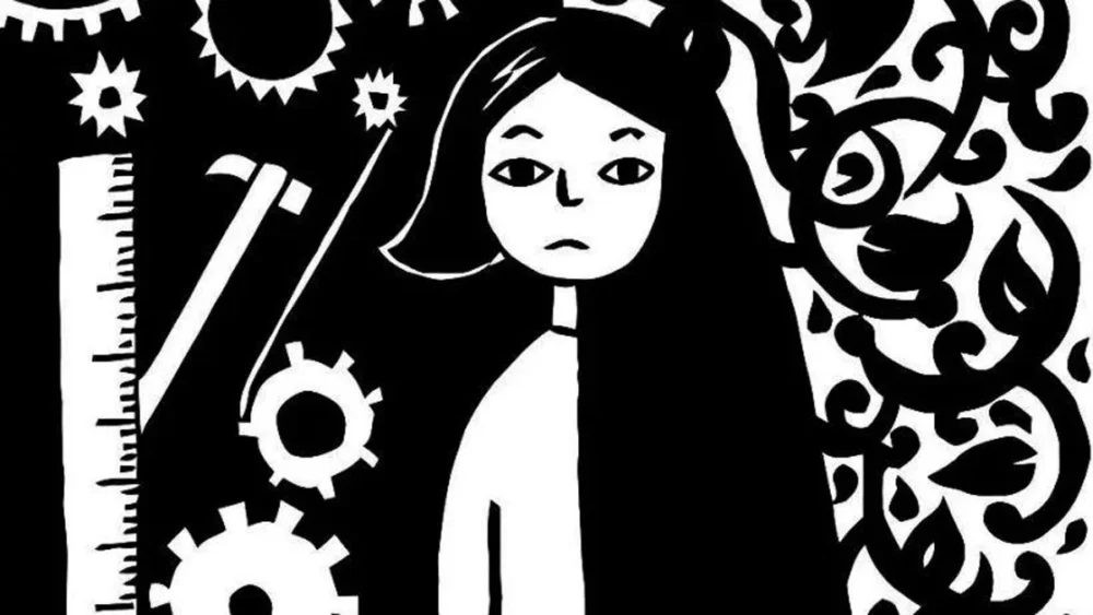 Ragazza con capelli lunghi e disegni persepolis marjane satrapi