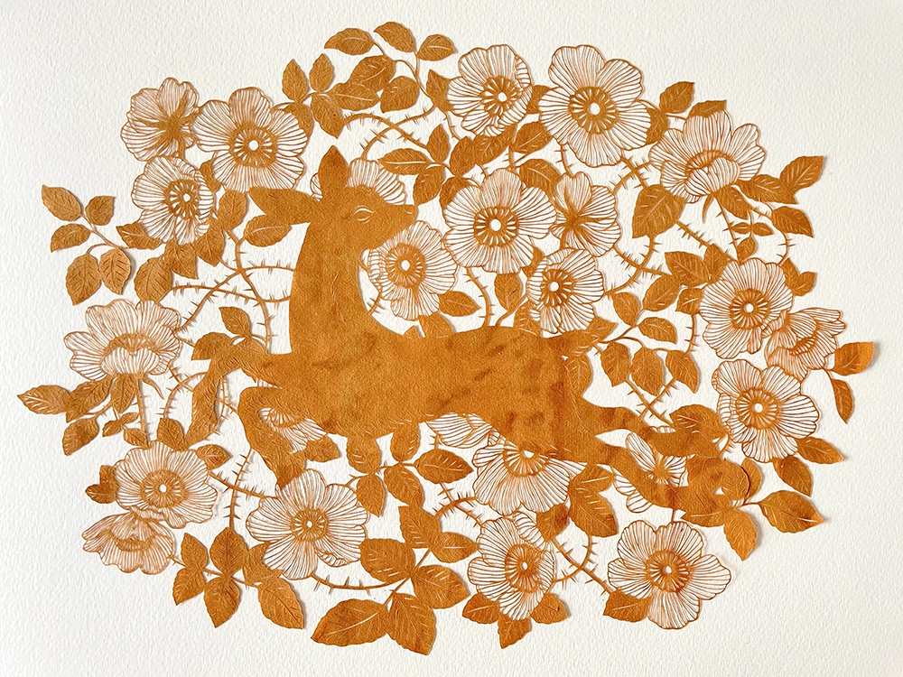 A Deer and Roses Rust dyed paper 2022