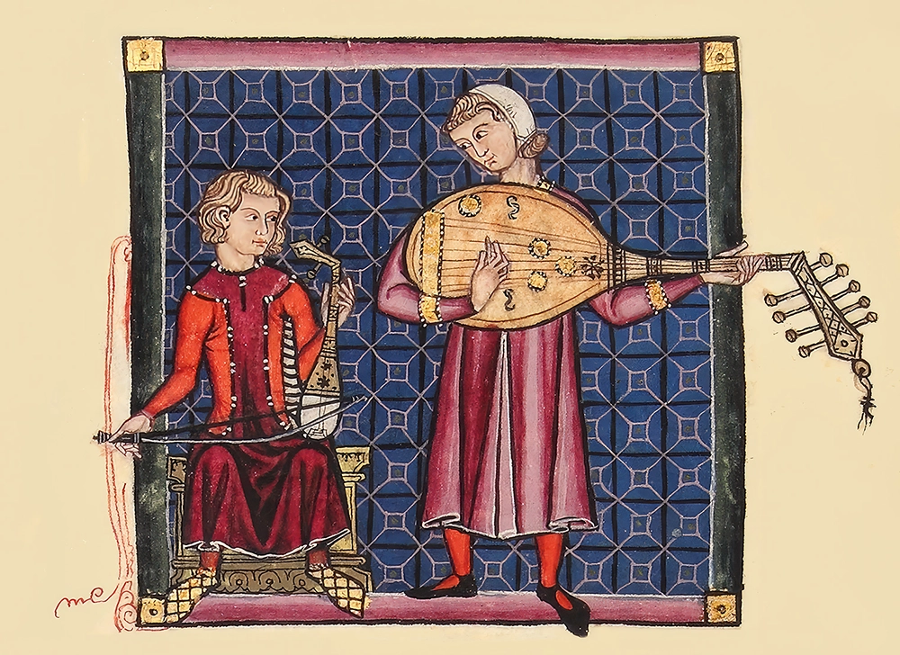 Rebab and Oud Europeans depicted in Cantigas de Santa Maria c. 1400 CE playing instruments introduced by the Moors. Patrimonio Nacional