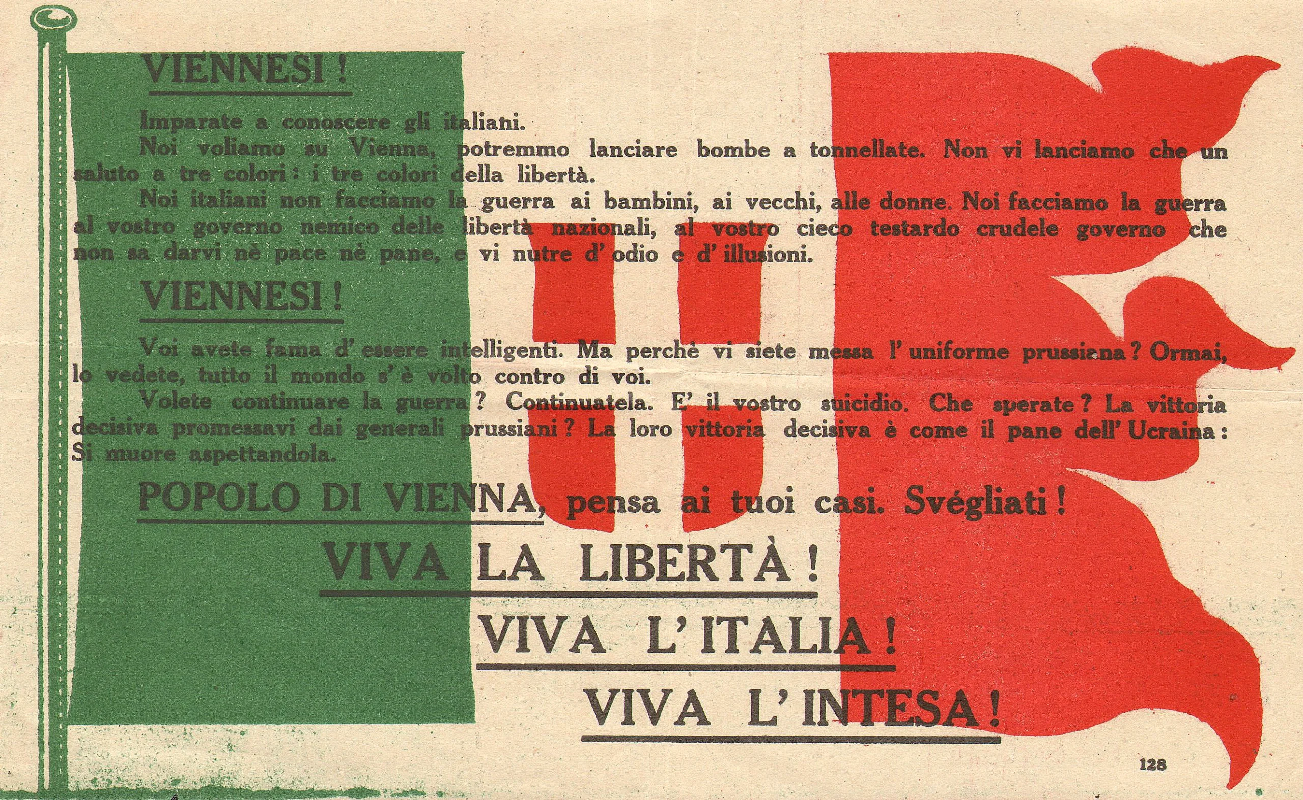Traduzione italiana del volantino scritto da Ugo Ojetti, lanciato su Vienna il 9 agosto insieme a quello di D’Annunzio