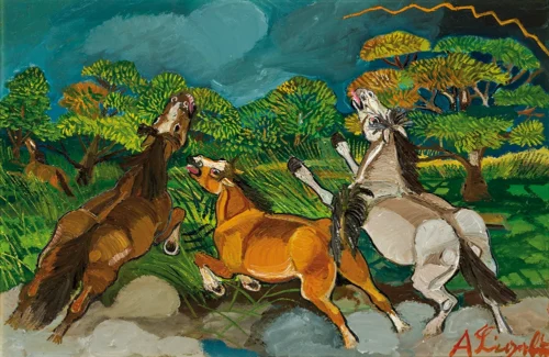 Cavalli imbizzarriti dal temporale durante la notte, 1960 olio su tela, cm 40 x 60 (Collezione Mazzanti) Antonio Ligabue Cavalli imbizzarriti dal temporale durante la notte, 1960 olio su tela