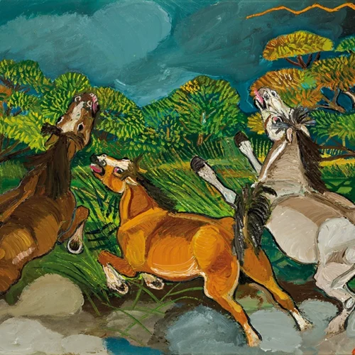Antonio Ligabue Cavalli imbizzarriti dal temporale durante la notte, 1960 olio su tela