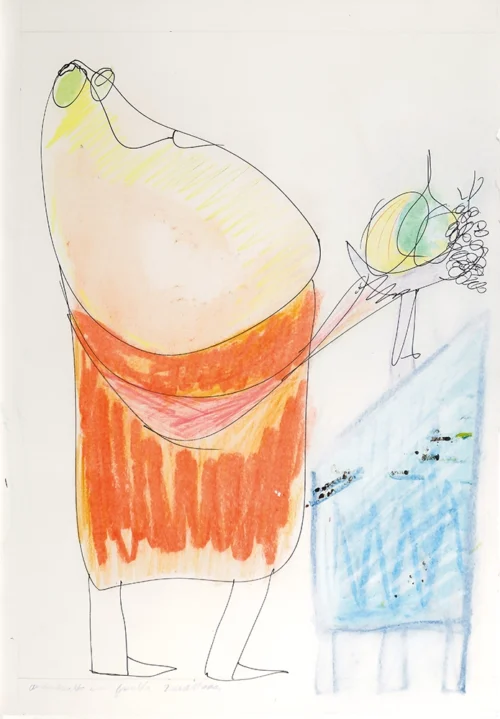 Cesare Zavattini, Autoritratto con frutta, s.d. (anni ’70) tecnica mista su carta di riso, cm 31 x 23 Cesare Zavattini, Autoritratto con frutta, s.d. (anni ’70) tecnica mista su carta di riso