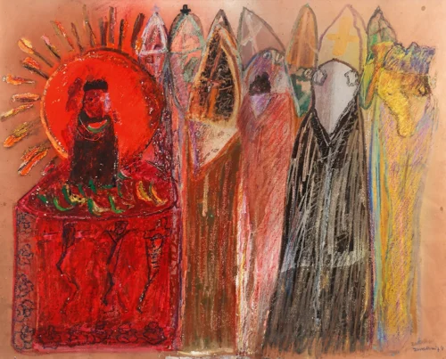 Cesare Zavattini, Otto porporati con sole rosso, 1974 cm 48,5 x 60 Cesare Zavattini, Otto porporati con sole rosso, 1974