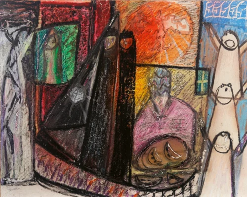 Cesare Zavattini, Vescovo a tavolino che mangia anguria con cinque personaggi e crocefissione, 1975 tecnica mista su faesite cm 40,5 x 58 Cesare Zavattini, Vescovo a tavolino che mangia anguria con cinque personaggi e crocefissione, 1975 tecnica mista su faesite