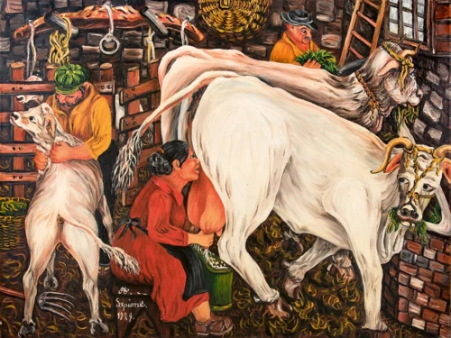 Mungitura nella stalla, 1979 olio su tela, cm 60 x 80 Annunziata Scipione Mungitura nella stalla, 1979 olio su tela