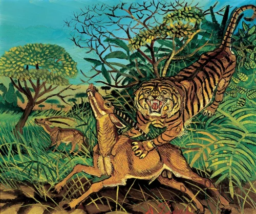 Tigre con gazzella, 1959 olio su tela, cm 60 x 50 (Collezione Mazzanti) Antonio Ligabue Tigre con gazzella, 1959 olio su tela